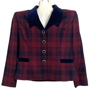 Vintage Jessica Howard burgundy navy tartan plaid blazer with velvet